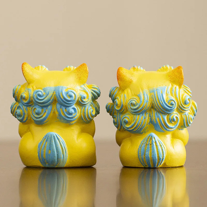 A pair Lucky Stone Lion Statuette Bluestone Carving Chinese mascot Home Room Office Potted Fish Tank OrnamentsHigh quality gifts