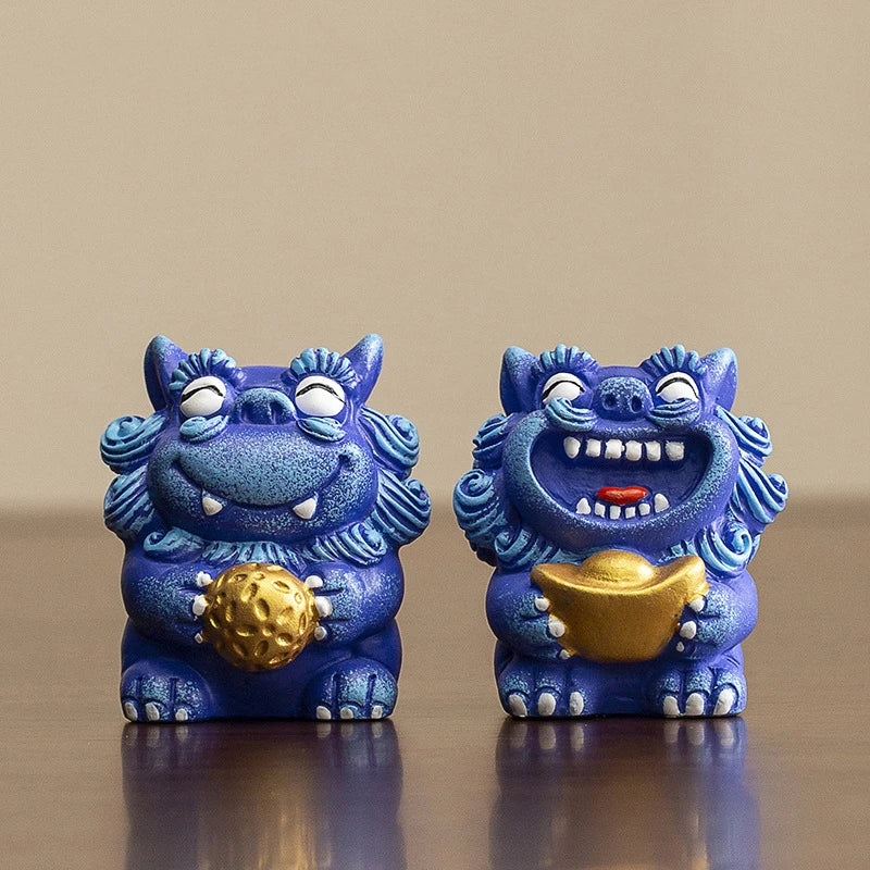 A pair Lucky Stone Lion Statuette Bluestone Carving Chinese mascot Home Room Office Potted Fish Tank OrnamentsHigh quality gifts