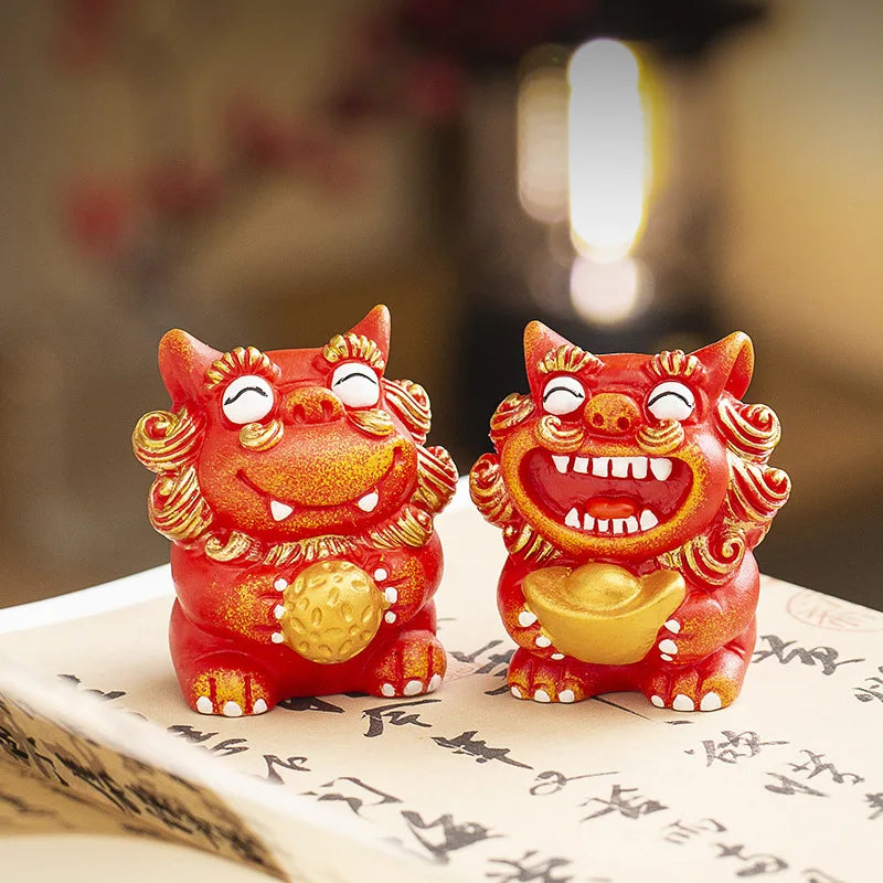 A pair Lucky Stone Lion Statuette Bluestone Carving Chinese mascot Home Room Office Potted Fish Tank OrnamentsHigh quality gifts