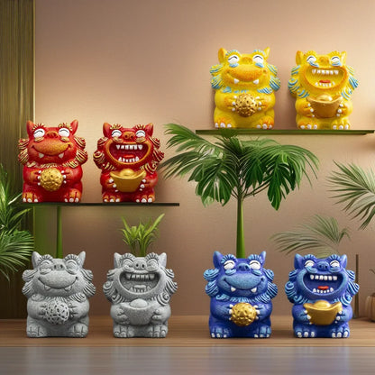 A pair Lucky Stone Lion Statuette Bluestone Carving Chinese mascot Home Room Office Potted Fish Tank OrnamentsHigh quality gifts