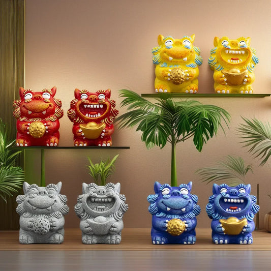 A pair Lucky Stone Lion Statuette Bluestone Carving Chinese mascot Home Room Office Potted Fish Tank OrnamentsHigh quality gifts