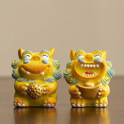 A pair Lucky Stone Lion Statuette Bluestone Carving Chinese mascot Home Room Office Potted Fish Tank OrnamentsHigh quality gifts